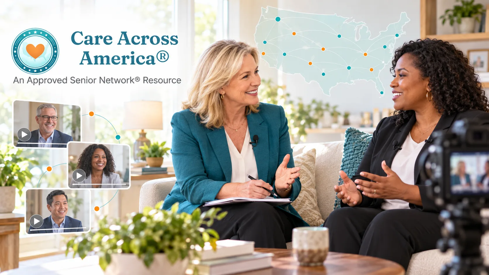 Care Across America, an Approved Senior Network resource: two women in conversation during a filmed interview, with a map of the United States and video thumbnails of featured senior care leaders