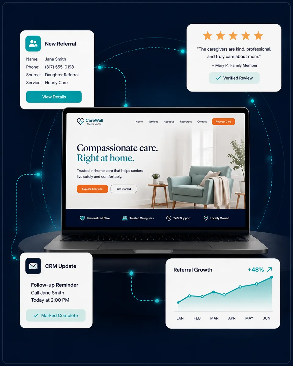 A home care agency's website, referral notifications, reviews, CRM follow-up, and referral growth chart connected as one system