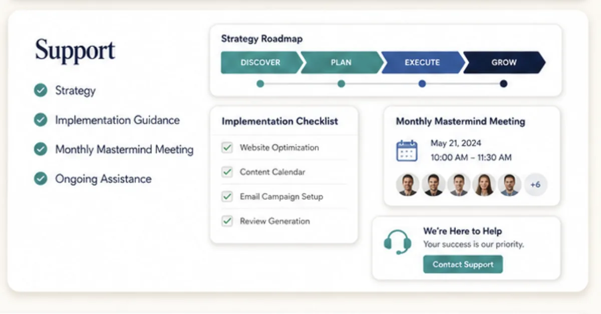 Support: strategy, implementation guidance, monthly mastermind meeting, and ongoing assistance