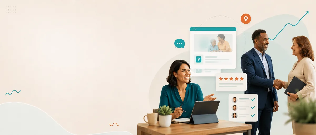 A home care marketer working with digital tools alongside a sales professional building a referral relationship in the field