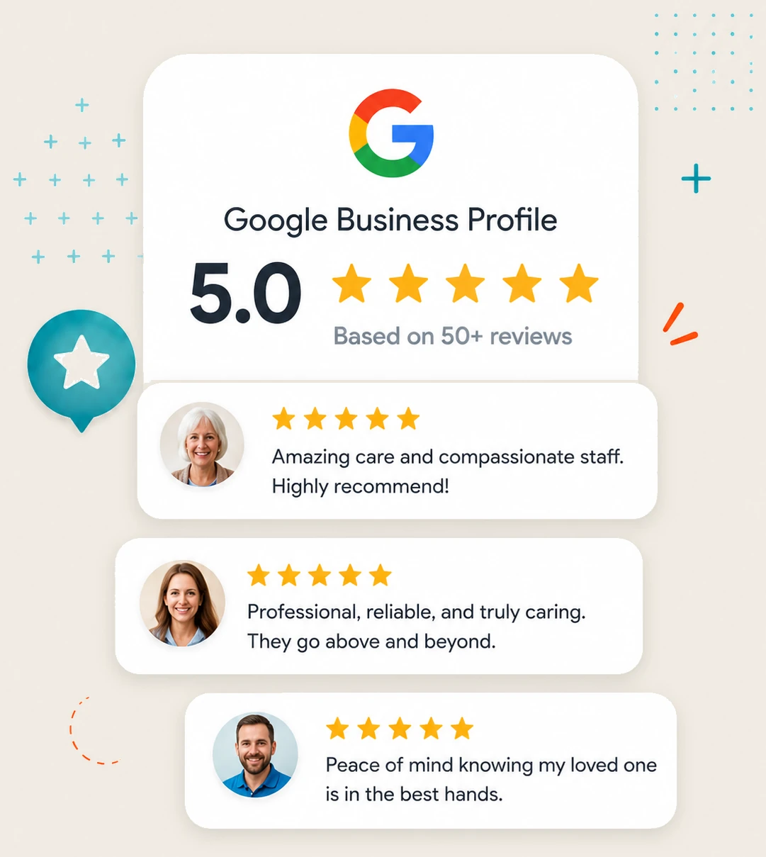 Illustration of a Google Business Profile showing a five-star rating and a stack of five-star reviews.