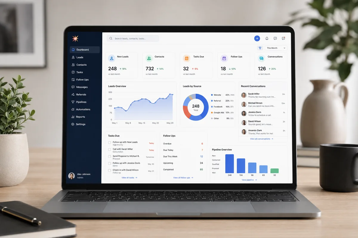ASNSpark! CRM dashboard showing leads, contacts, tasks, and pipeline overview for a home care agency