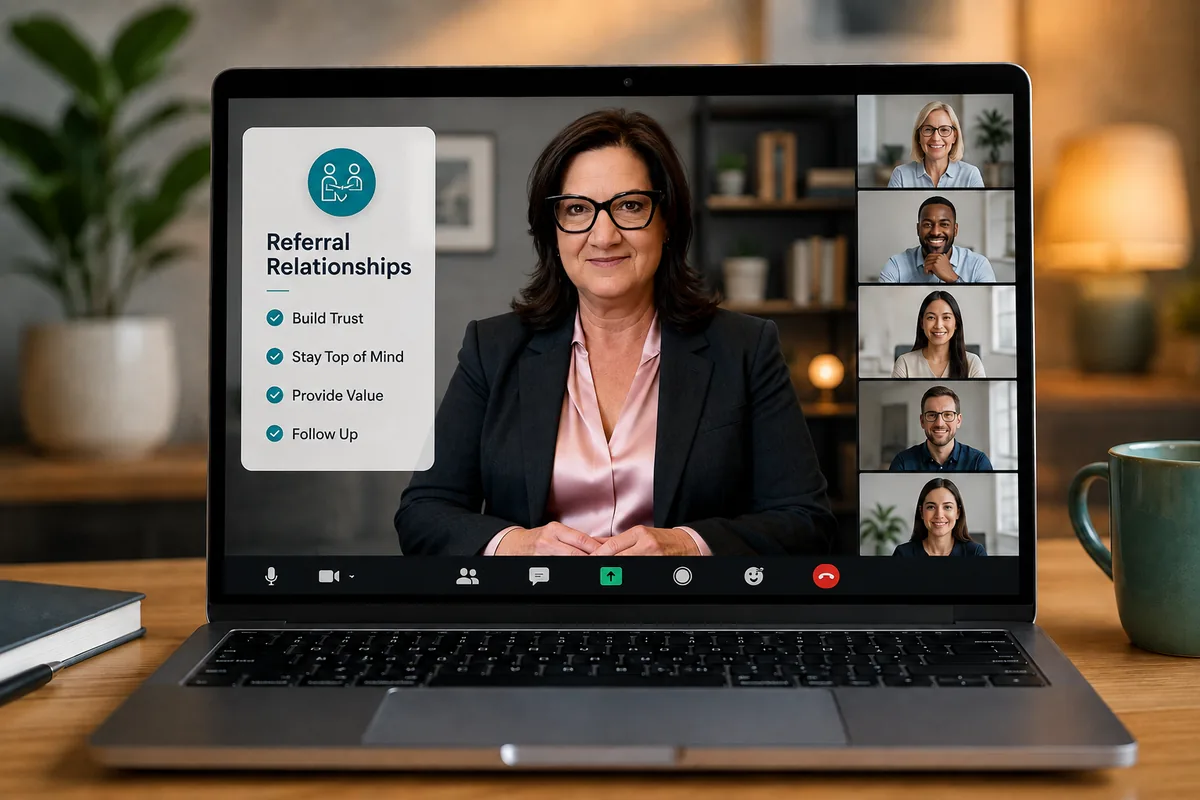 A home care marketing and sales coaching session shown over video with an agency's sales team