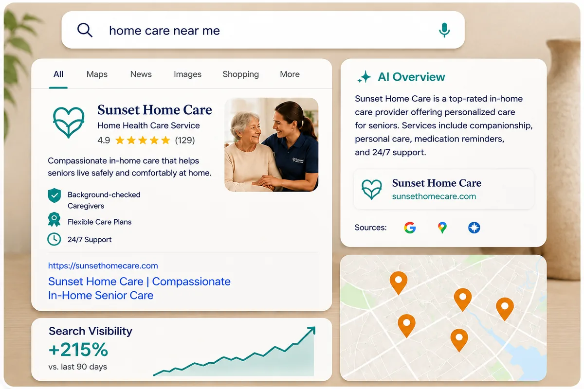 A home care agency's search visibility shown in Google search results and an AI Overview, with search visibility up 215%