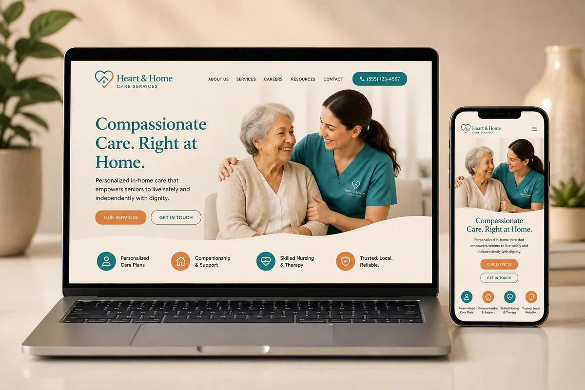 Example home care agency website design shown on desktop and mobile